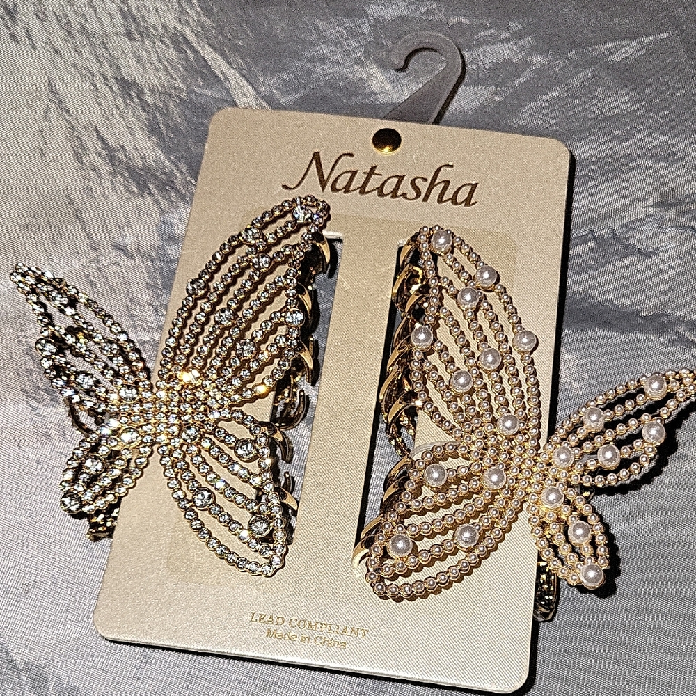 Natasha Gem And Pearl Gold  Butterfly Hair Clips Brand New LI